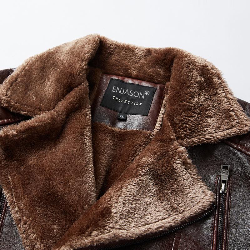 2022 Winter Slim Middle-aged & Elderly Men's Fur-Lined Leather Motorcycle Jacket