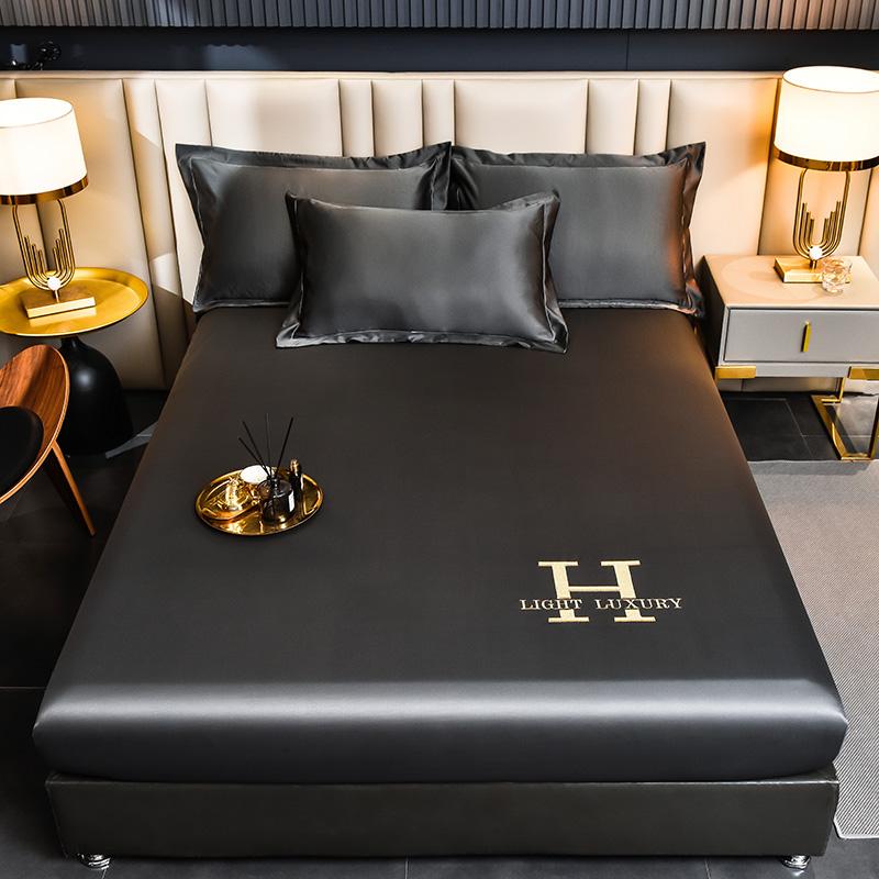 Luxury Satin Fitted Sheet Embroidered Solid Color Mattress Cover with Elastic Band Bed Sheet Bed Linen High-end Rayon Bedsheet