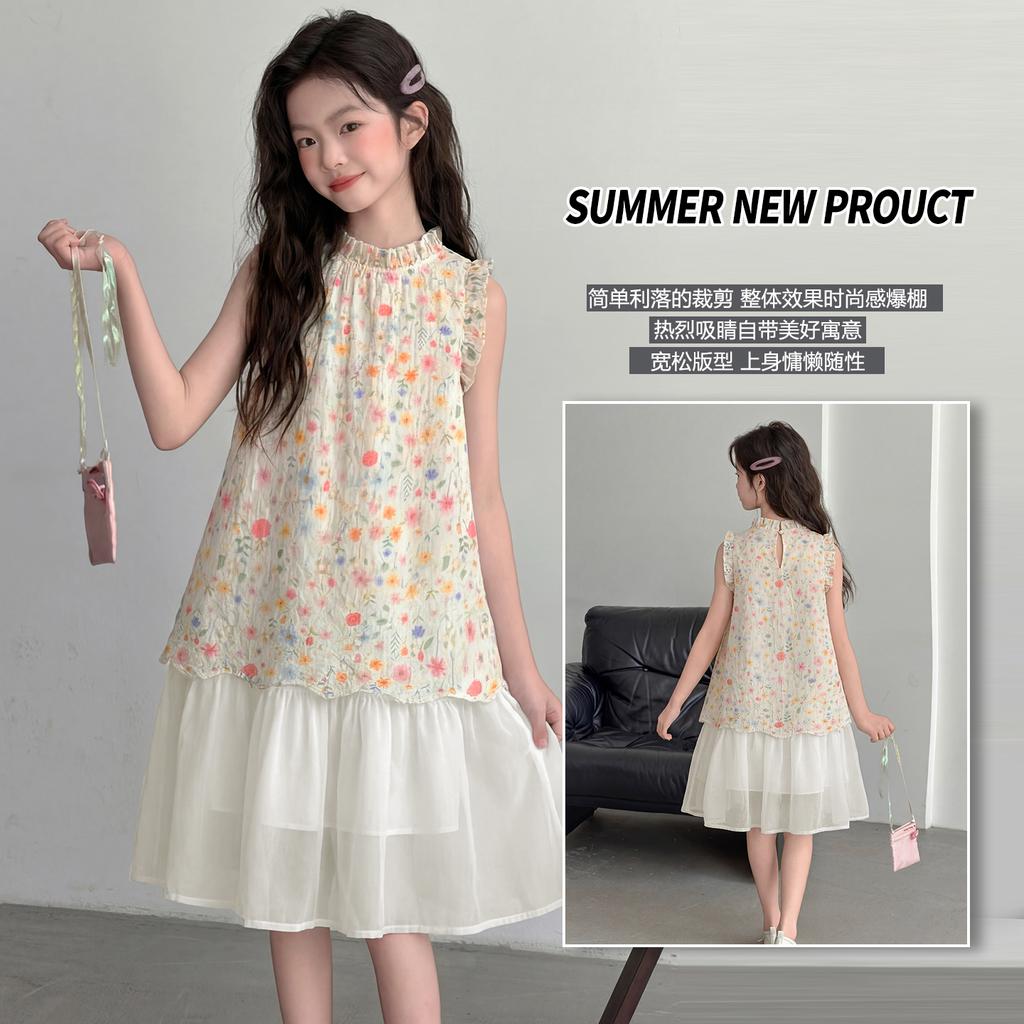 Girls' floral dress, summer new style, super beautiful sleeveless vest dress, middle-aged children's summer dress, fashionable princess dress