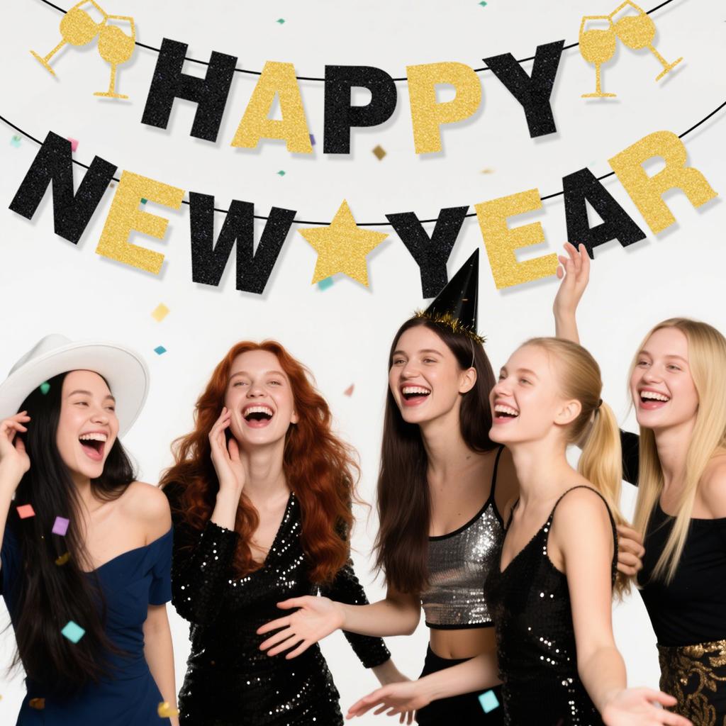 Black Gold Happy New Year Banner New Year'S Eve Party Arrangement Fireworks Cheers Banner Latte Custom