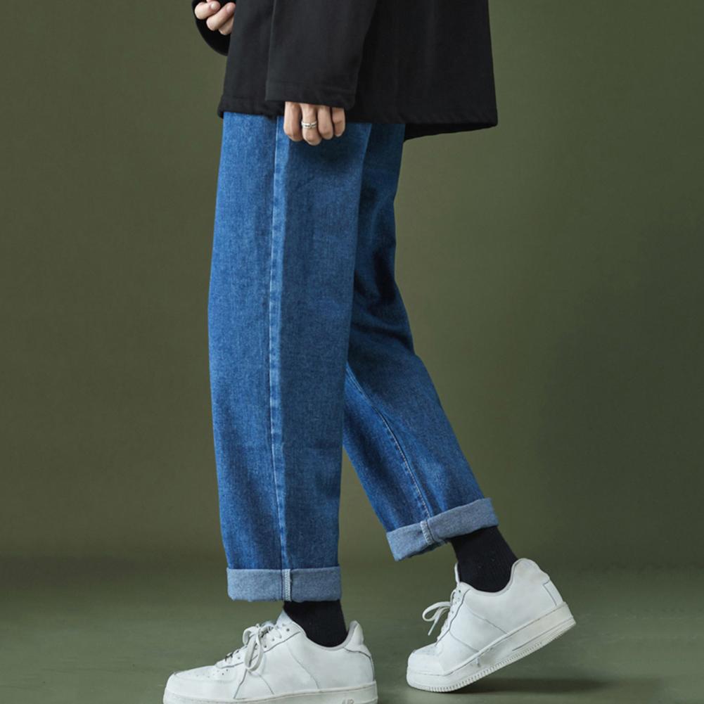 Men Summer Everyday Jeans Mid-rise Zipper Button Fly Denim Pants Straight Wide Leg Trousers Pockets Design One Tone Long Pants