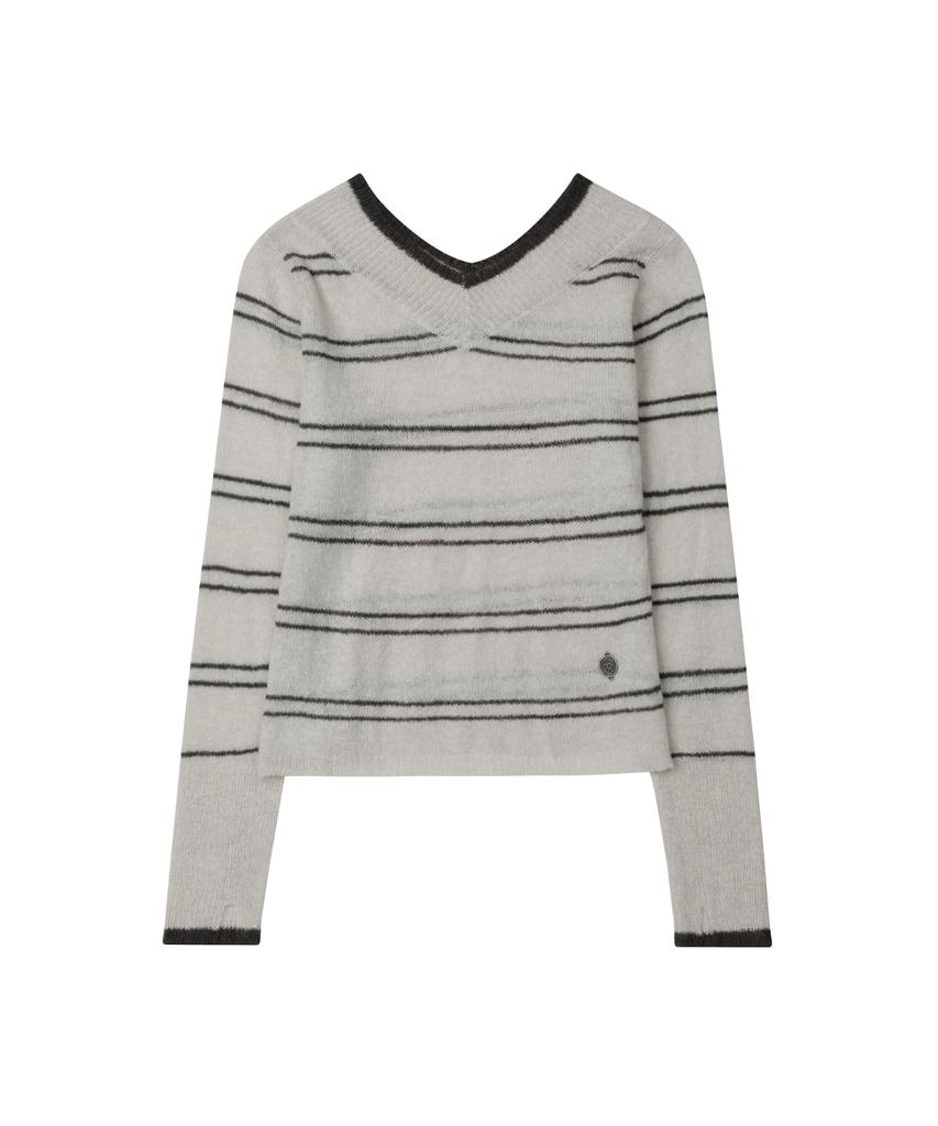 Ledeoli Symbol V-Neck Striped Knit [Oat Grey]