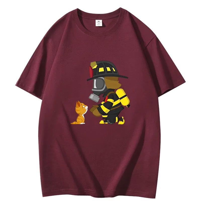 

Summer Men s T-Shirt Creative Rescues Kitten Popular Men s Short Sleeve Men White Firefighter Hero Fight Fire Printed T-shirt 4XL