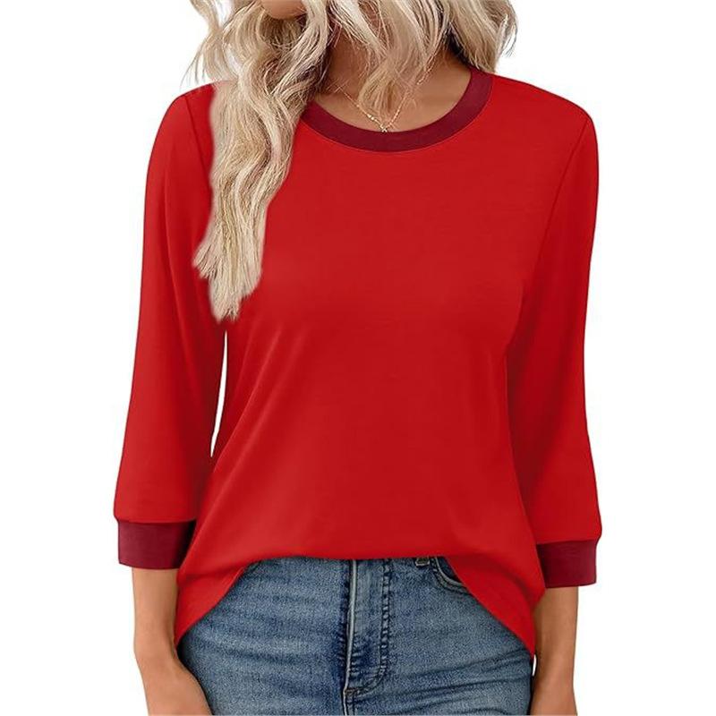 Spring Autumn O Neck Patchwork T-shirt Women Long Sleeve Casual Fashion All-match Bottomed Pullover Tee Top
