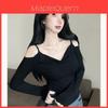 Plain Fabric Vneck Long Sleeve Tshirt With Embroidery For Women