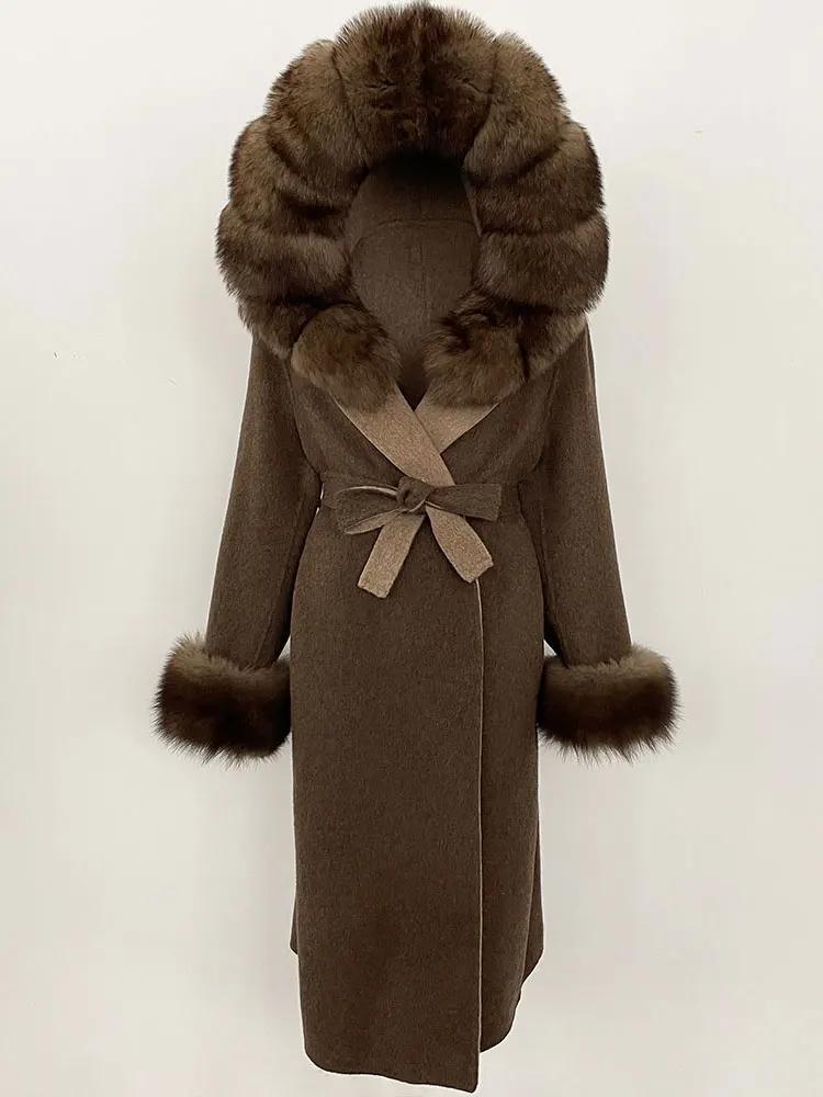 OFTBUY Winter Women Coat Real Natural Fox Fur Hooded Detachable Collar Double-faced Woolen Jacket Long Casual Elegant Overwears