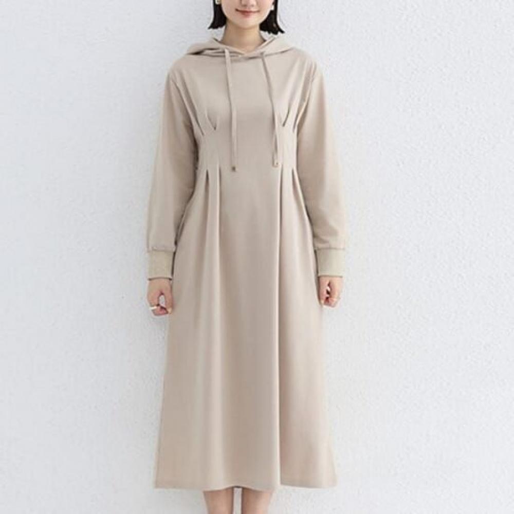 Navava Women Waist Shirring Long Sleeve Hoodie Long Dress No964