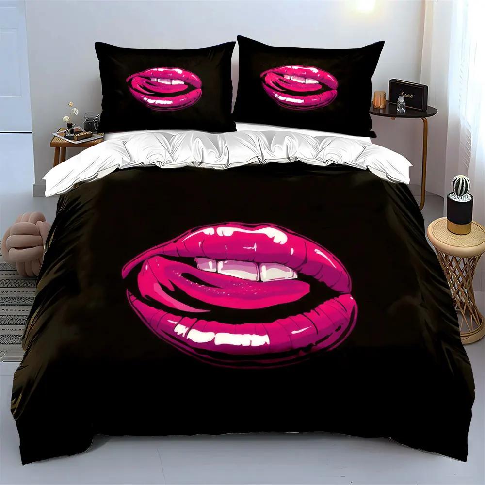 Lebendige Lippen Kunst Dekor Set Weiche Bequeme Bettbezug Bettwäsche Set Enthalten 1*Bettbezug & 2*Kissenbezüge Geschenk
