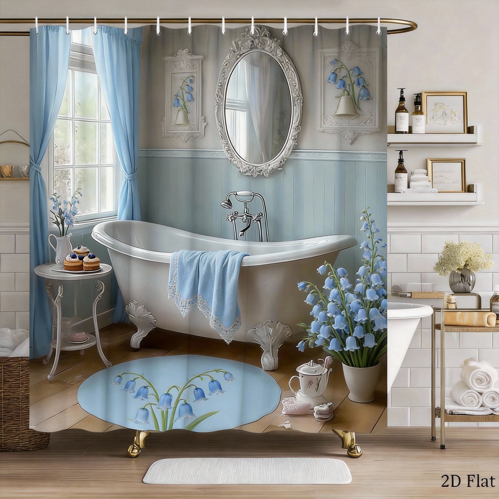 

Clawfoot Tub Shower Curtain 180x180cm – Vintage Pink Roses on Blue Wainscoting, Classic Bathroom Decor, 12 Hooks 90X180cm(35x70in)
