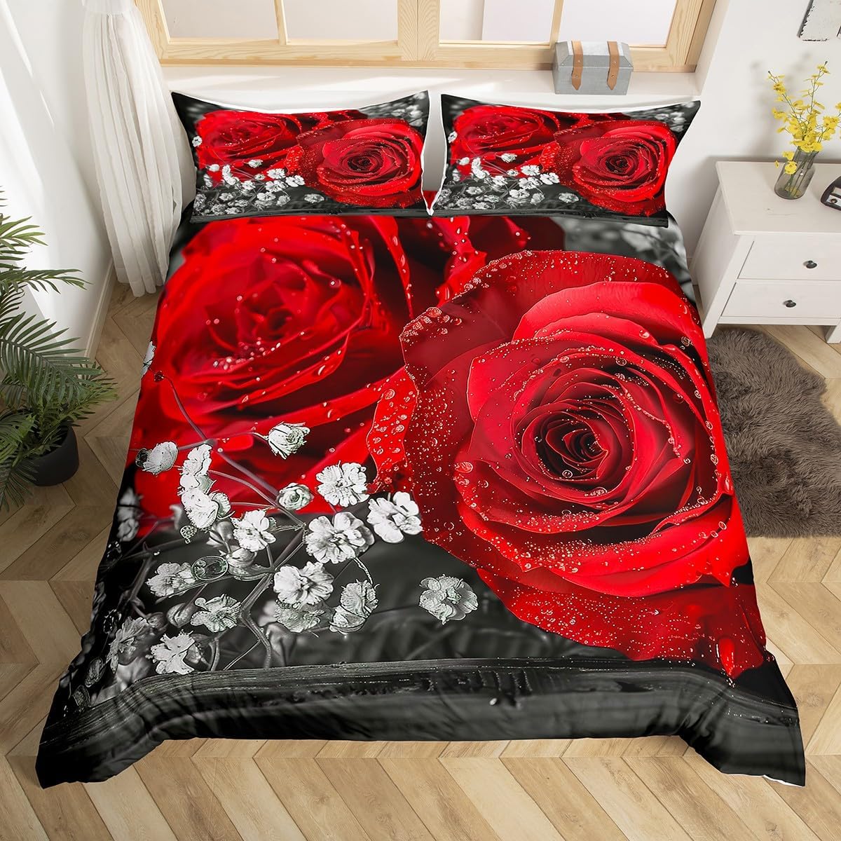 

Rose Floral Duvet Cover Queen Twin for Women Girls Couple 3D Red Rose Wine Glass Bedding Set Luxury Botanical Comforter Cover EU Single(135x200cm)