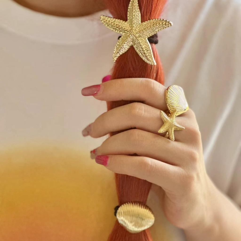 Beach Wind Golden Starfish Exaggerated Fashion Hair Rope Geometric Advanced Pentagram Hair Rope