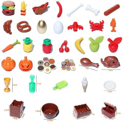 Non-Toxic Moc Food Accessories Fish Egg Bread Pizza Chocolate Fruit Carrot Hamburger Chips Chicken Bottle Bricks Building Blocks Toys