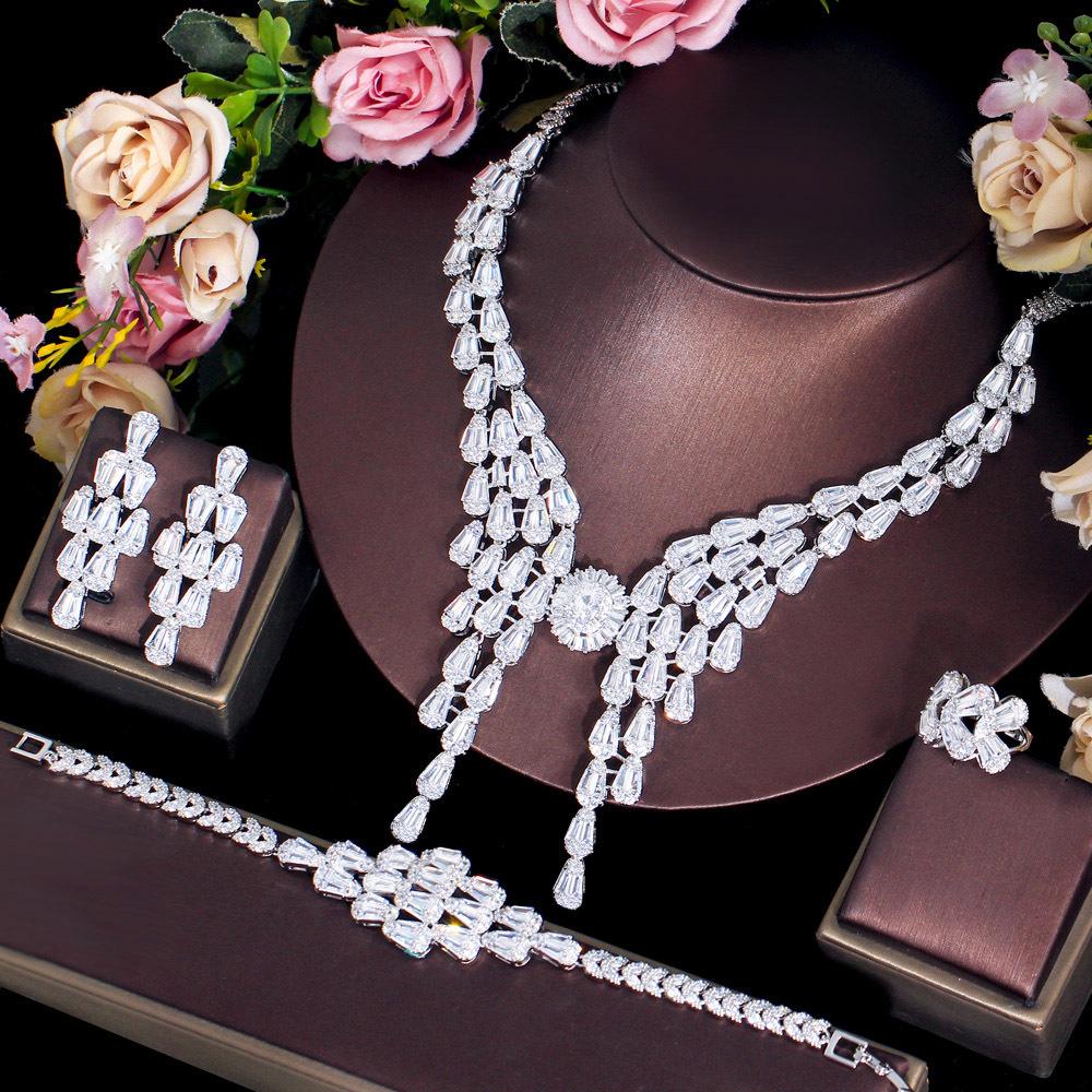 French Light Luxury Atmosphere Celebrity Style Full Diamond Set Chain Wedding Dress Accessories Necklace Earrings Bracelet Ring Set