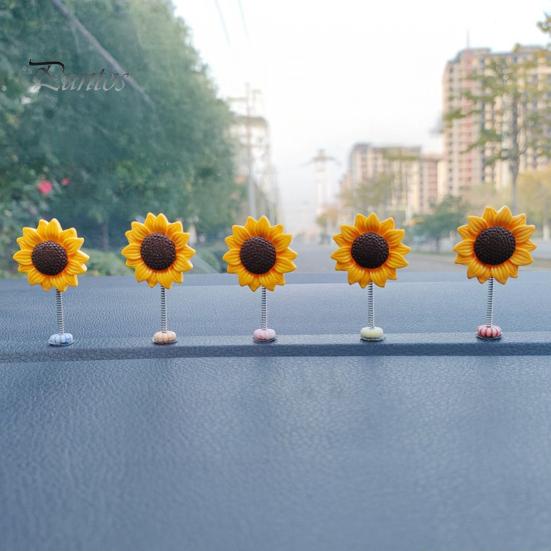 Non Residual Adhesive Ornaments 5Pcs Wobble Sunflower Car Dashboard Decor, Resin Spring Flower Ornament Interior Decoration Flowers with Slip