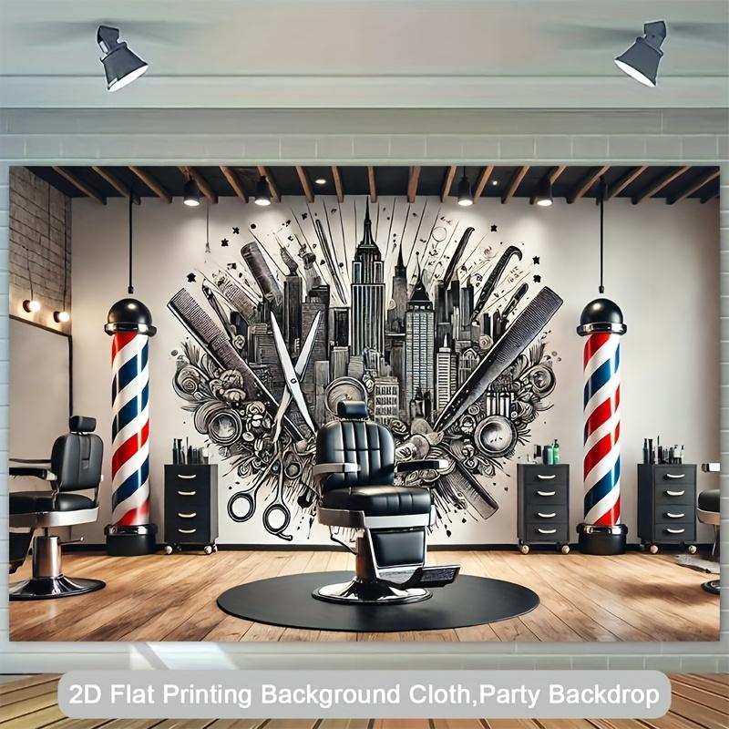 2D plan, 1 camera background - hair salon corner, featuring NYC skyscraper and hair salon design