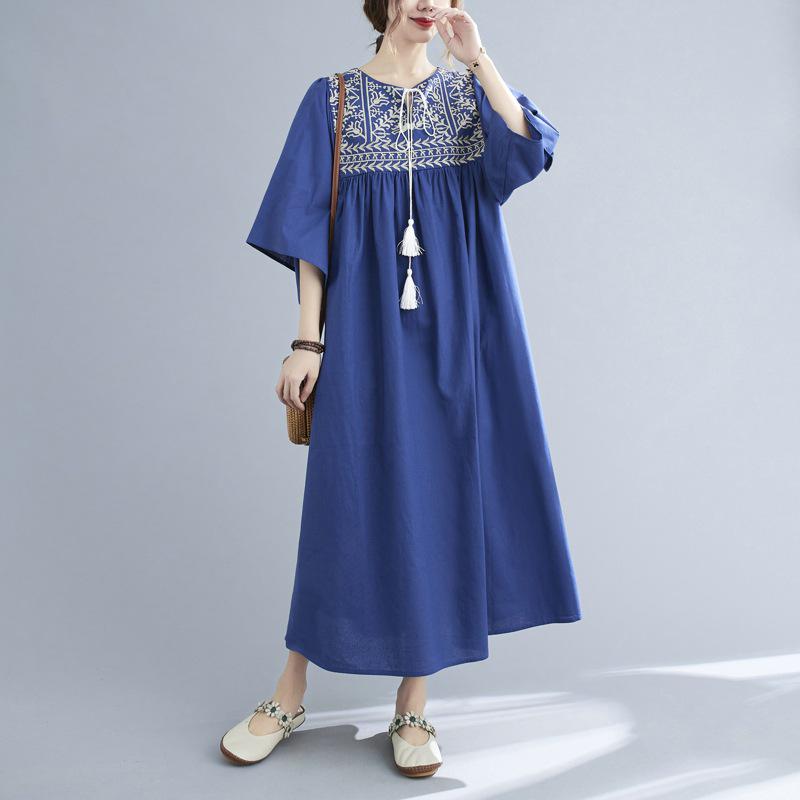2025 Summer Plus Size Elegant Women's Ethnic Embroidery Ruffle Sleeve Dress