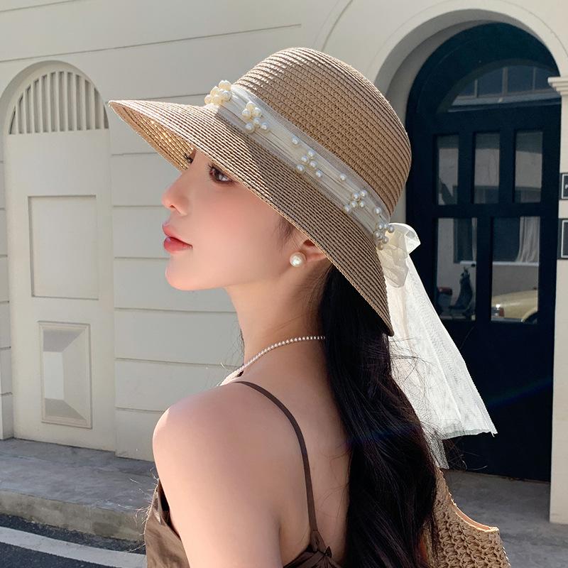 Large Brim Sun Hat Children'S Summer French Elegant Bow Webbing Straw Hat Versatile Sunscreen Visor