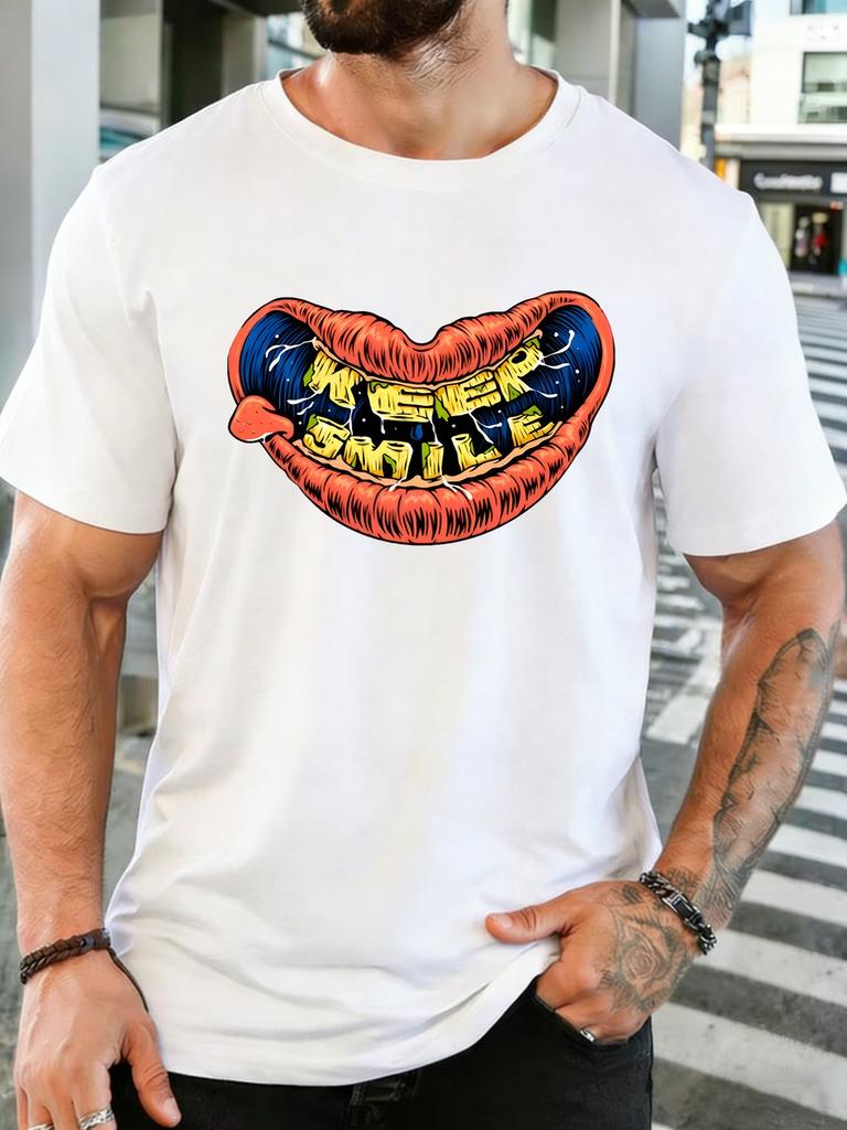 Vintage Unisexs Soft Cotton Tee Colorful Big Mouth Keep Smile Letter Print Urban Crew Neck Short Sleeve T Shirt For Guys