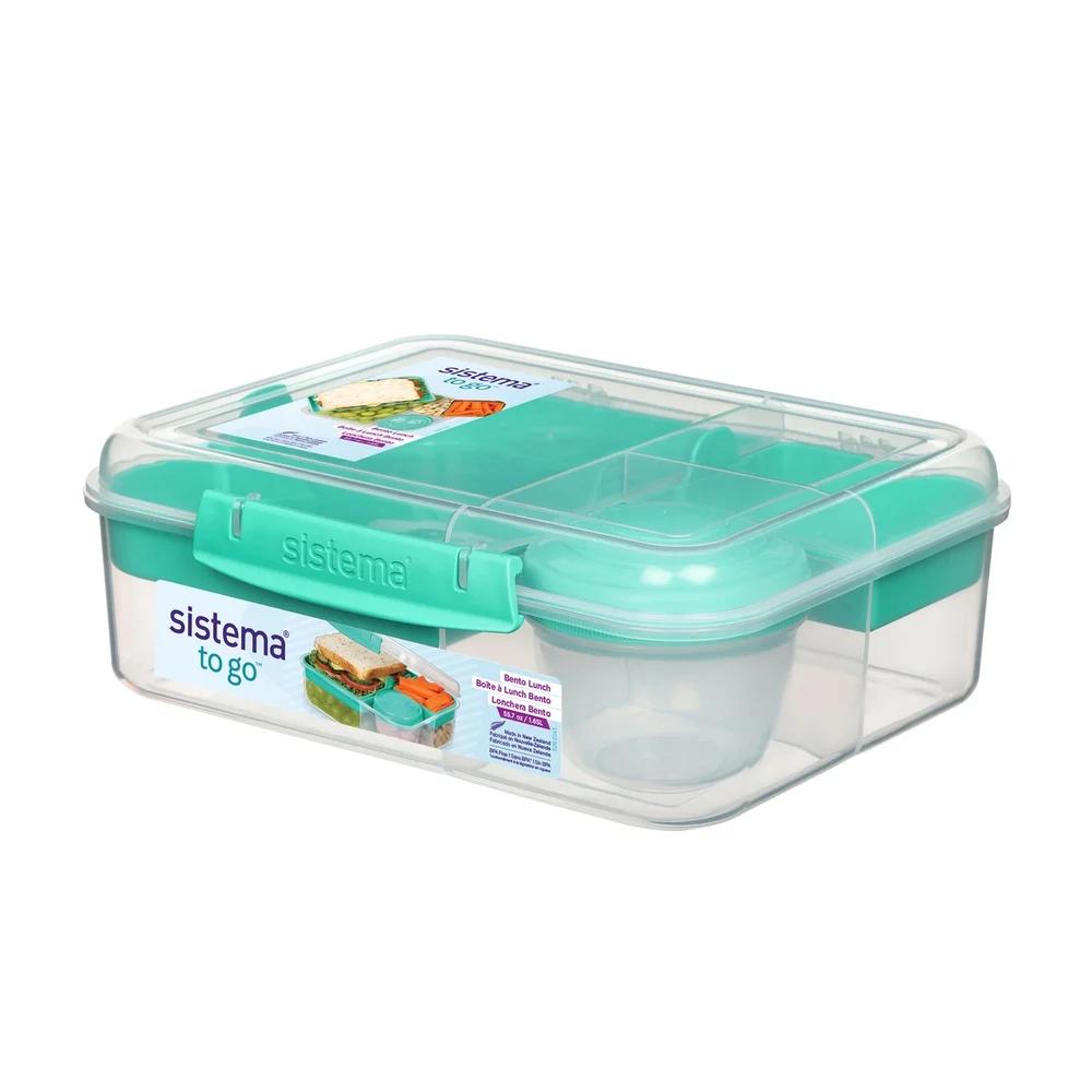 Plastic Bento Lunch Box with Yogurt Pot Microwave Safe Freezer Safe Stackable Easy Locking Clip Multiple Compartments Teal