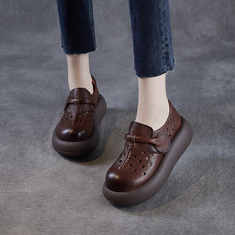 Johnature Dámské boty s dutou silnou podrážkou z pravé kůže s kulatou špičkou, dámské platformové sandály