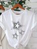 Women's Casual Short Sleeve T-Shirt - Black with White Star Print Round Neck Top for Spring & Summer Machine Washable