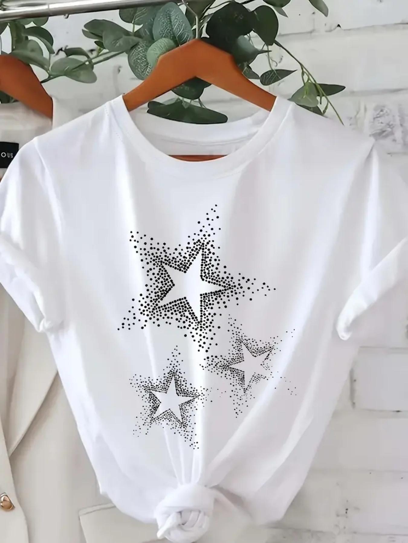 

Women s Casual Short Sleeve T-Shirt with White Star Print Round Neck Top Simple Design Showing Natural And Elegant Style S