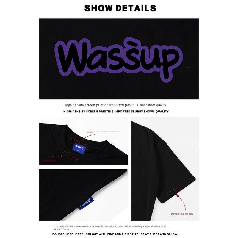 Wassup American-Style Letter Print T-Shirt Short-Sleeved Unisex Summer New Trendy Brand Heavyweight Pure Cotton T-Shirt