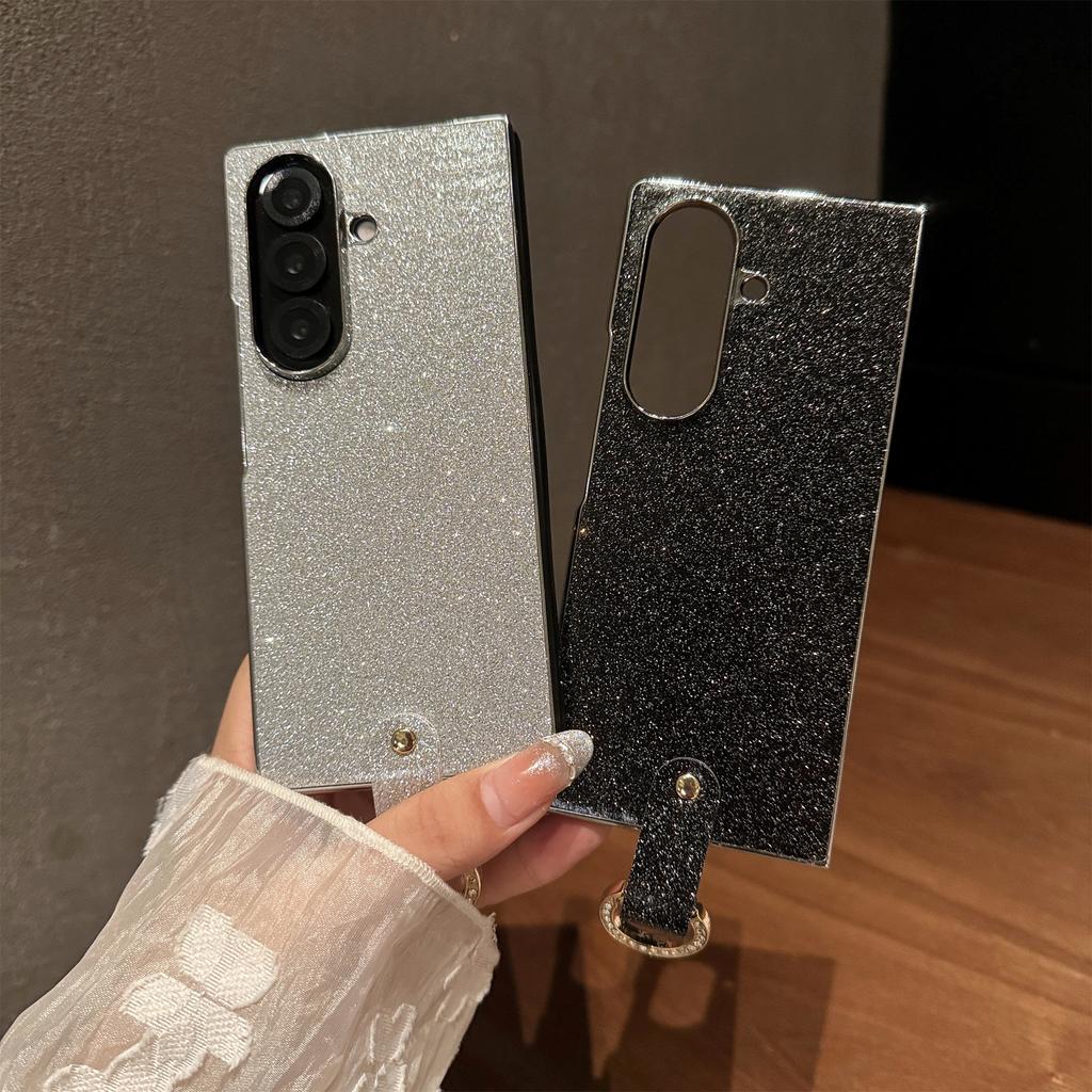 For Samsung Galaxy Z Fold7 5G Case Electroplated Glitter PU Leather+PC Protective Cover with Portable Ring Strap