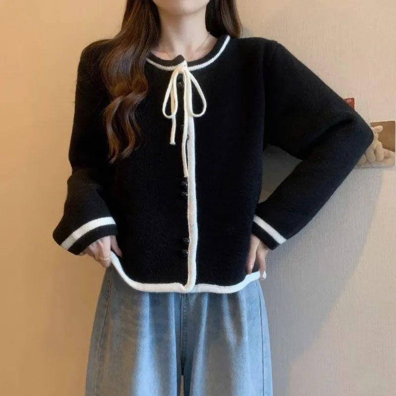 

Bow Tie Sweater Jacket 2025 Autumn and Winter Plus Size Temperament Jacket Looks Slim Knit Cardigan Top One Size чёрный