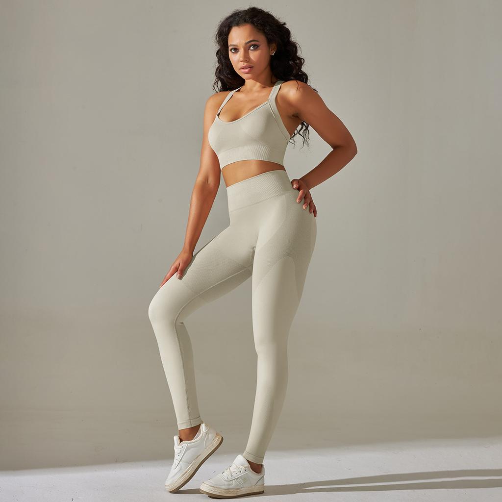 Seamless Knitted Solid Color Cross Back Tight Yoga Suit Set For Sports Running And Fitness Nine Leg Pants