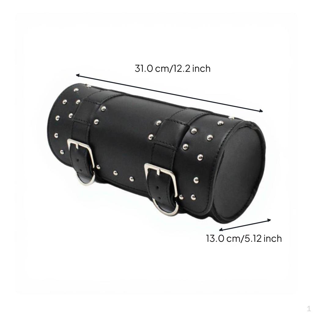 Motorcycle Tool Bag, Vintage Leather Saddlebag, Universal Handlebar Storage Black Studded 31x13x13cm