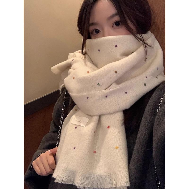 Starry White Scarf for Women in Autumn and Winter New Polka Dot Tassel Korean Style Shawl Dual Purpose High End Scarf