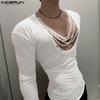 INCERUN Men Beading Low Cut Neck Long Sleeve Fitted Tops T-shirts Undershirts