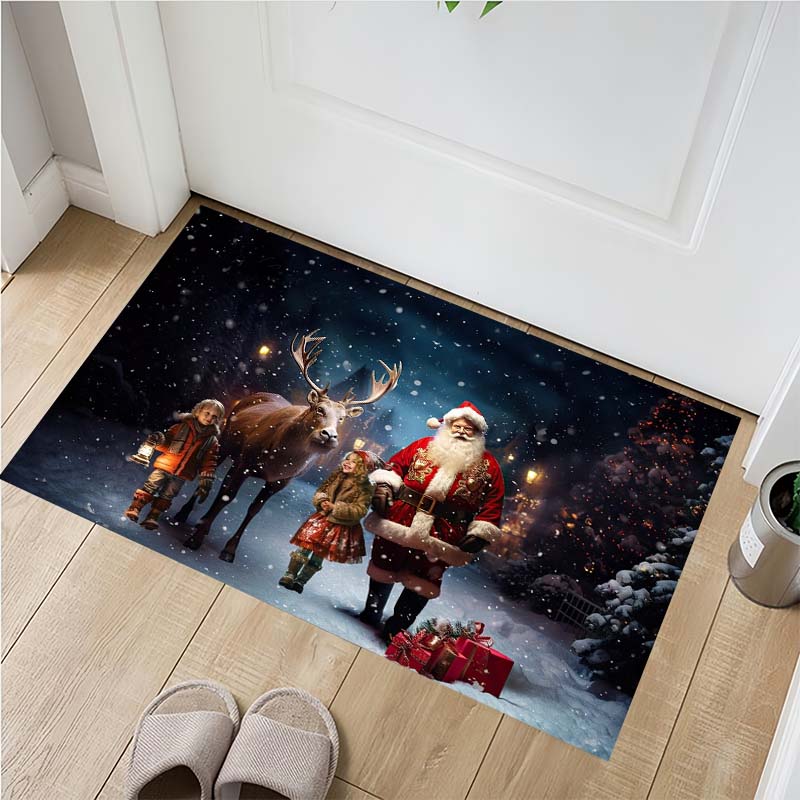 Santa Claus Reindeer Sleigh Christmas Doormat, Winter Night Non Slip Entrance Floor Rug