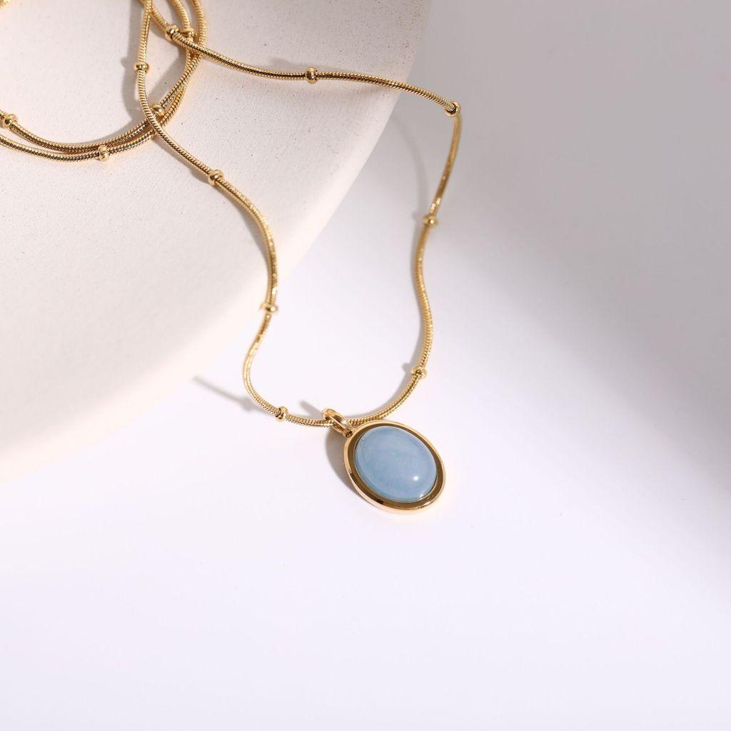 Titanium Steel Starry Ocean Pendant Necklace With Blue Oval Gemstone For Women