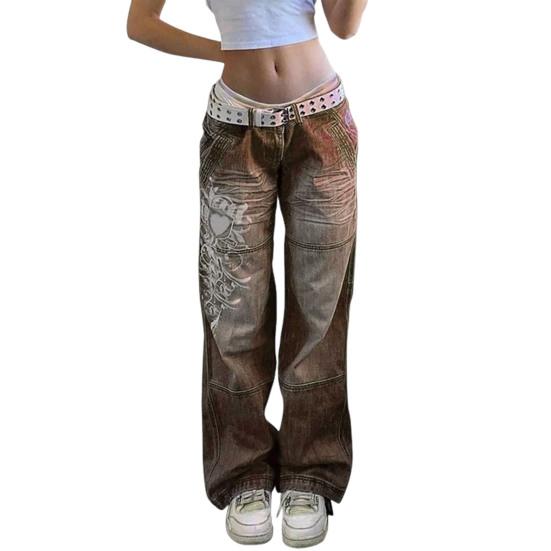 Women Jeans Mid Waist Irregular Individual Printing Retro Style Straight Wide Leg Patchwork Full Length Trousers for Vacation Travel