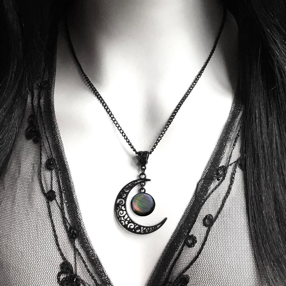 

Gothic Retro Geometric Circle Inlay AB Colorful Black Hollowed-out Crescent Moon Pendant Necklace for Women Halloween Jewelry