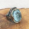 Vintage Men's Handmade Turkish Blue Zircon Stone Ring Ancient Silver Color Pattern Ring Trendy Islamic Religious Muslim Jewelry