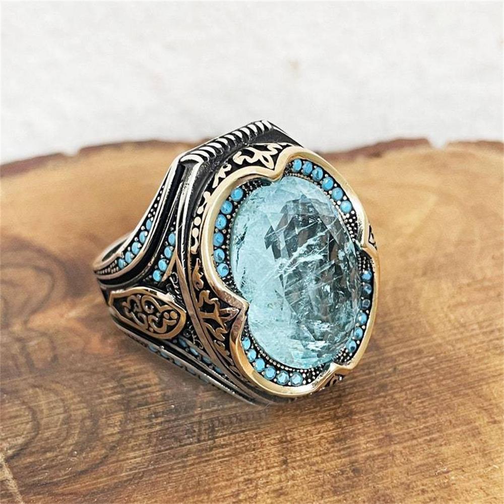 Vintage Men's Handmade Turkish Blue Zircon Stone Ring Ancient Silver Color Pattern Ring Trendy Islamic Religious Muslim Jewelry