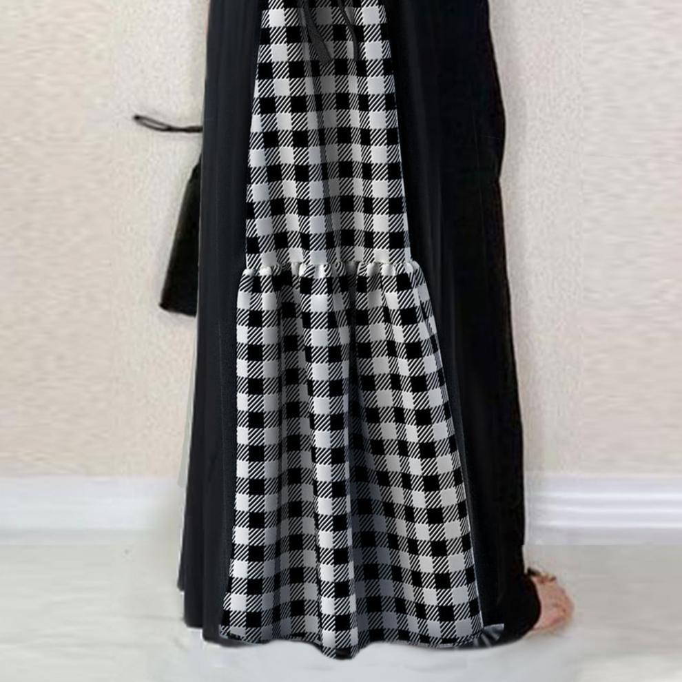 2024 Summer Women's V-Neck Dress with Back Tie, Gingham Patchwork, and Ruffle Cuffs