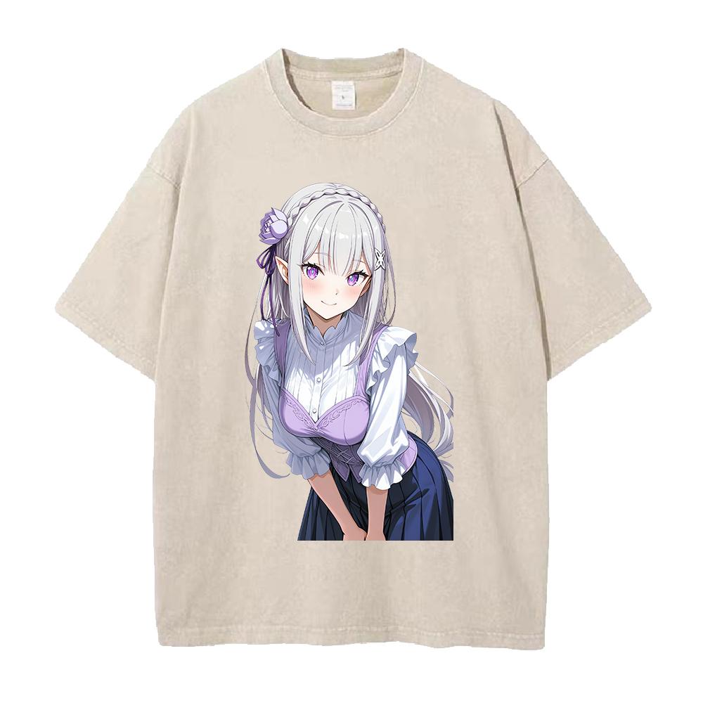 Emilia Re ZERO Starting Life In Another World Anime Clothing Men Women T-shirts Washed T Shirt Retro Cotton Tshirt Harajuku Tops