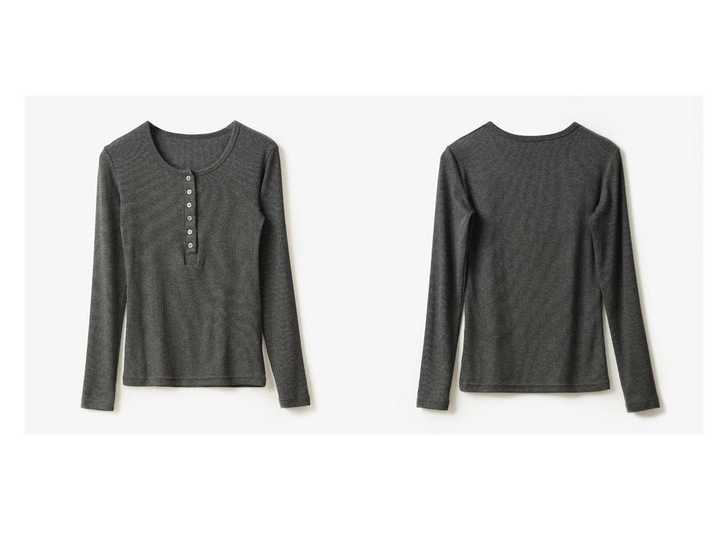 Damen Slim Fit Langarm Rundhals T-Shirt mit geripptem Henley-Kragen