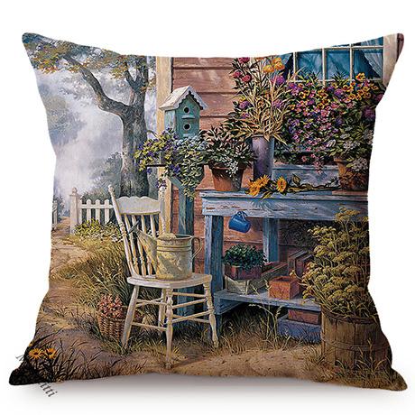 Spring Rural Landscape Pattern Sofa Decorative Cushion Cover Quiet Creek Florals Scenery Cotton Linen Throw Pillow Case Cojines