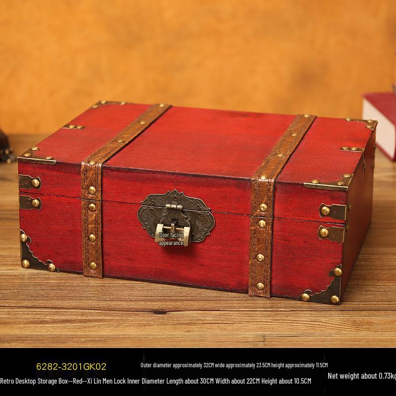 Retro Wooden Rectangular Storage Box Set with Lock - Creative Organizer & Decorative Props