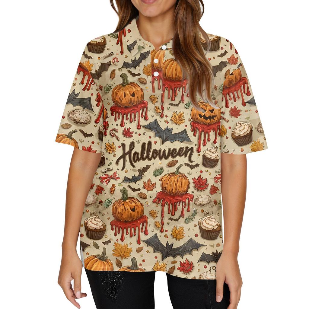 Women's Fashion Casual Lapel Short Sleeve Halloween Print Shirt Women's Button Up Tops