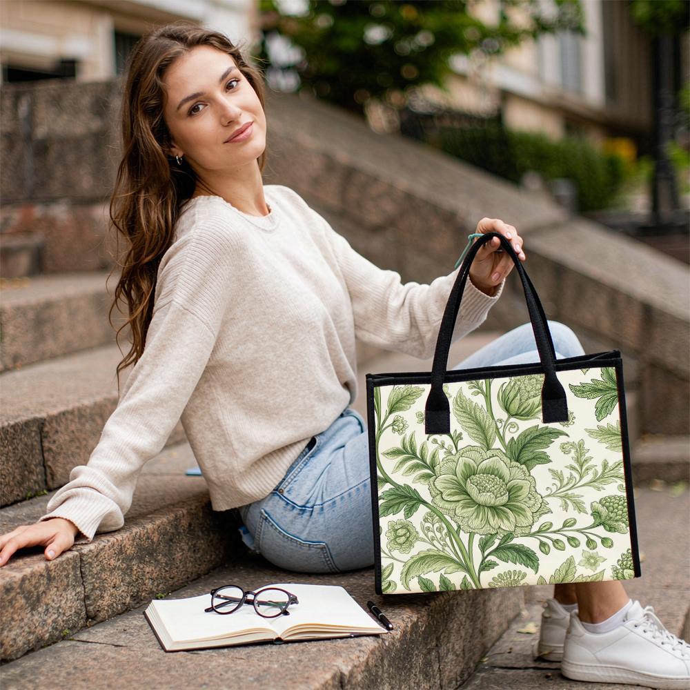 Vintage Green Floral Shoulder Bag Fashion Casual Daily Shopping Tote Bag for Women