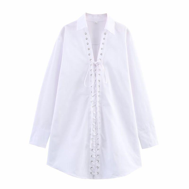 Kaslead New Arrival Women's Clothing Fashion Style Fashion Pure Color Minimalist Drawstring Lace Lapel Long Sleeve Shirt