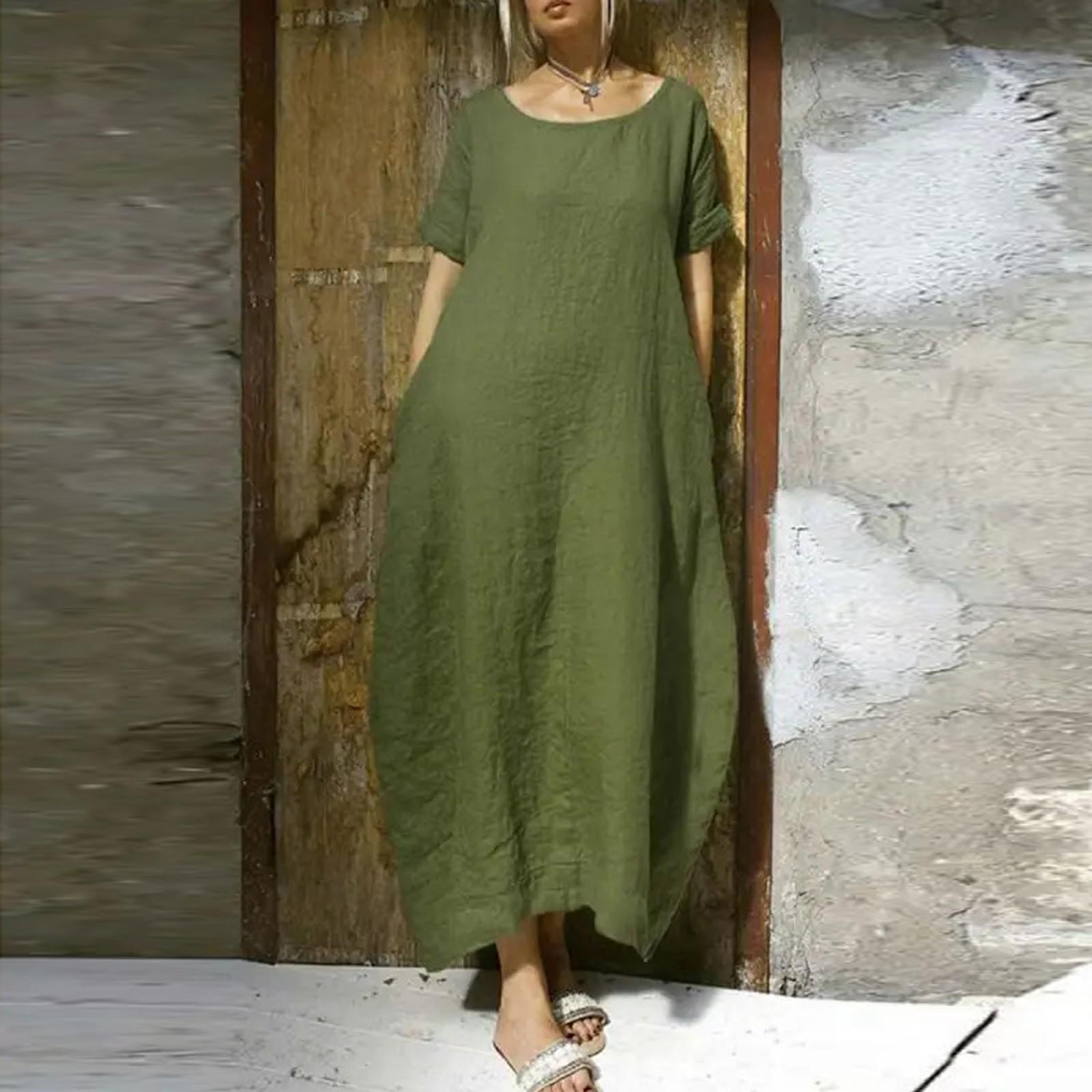 

Женское свободное однотонное повседневное платье из хлопка и льна с короткими рукавами и карманами с завязками XXXXL зелёный