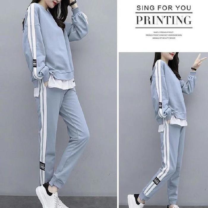 Damkläder i stora storlekar, avslappnad sportdräkt: Trendigt 2-delat set med tröja och byxor för vår/höst, trendig och slimmande design.