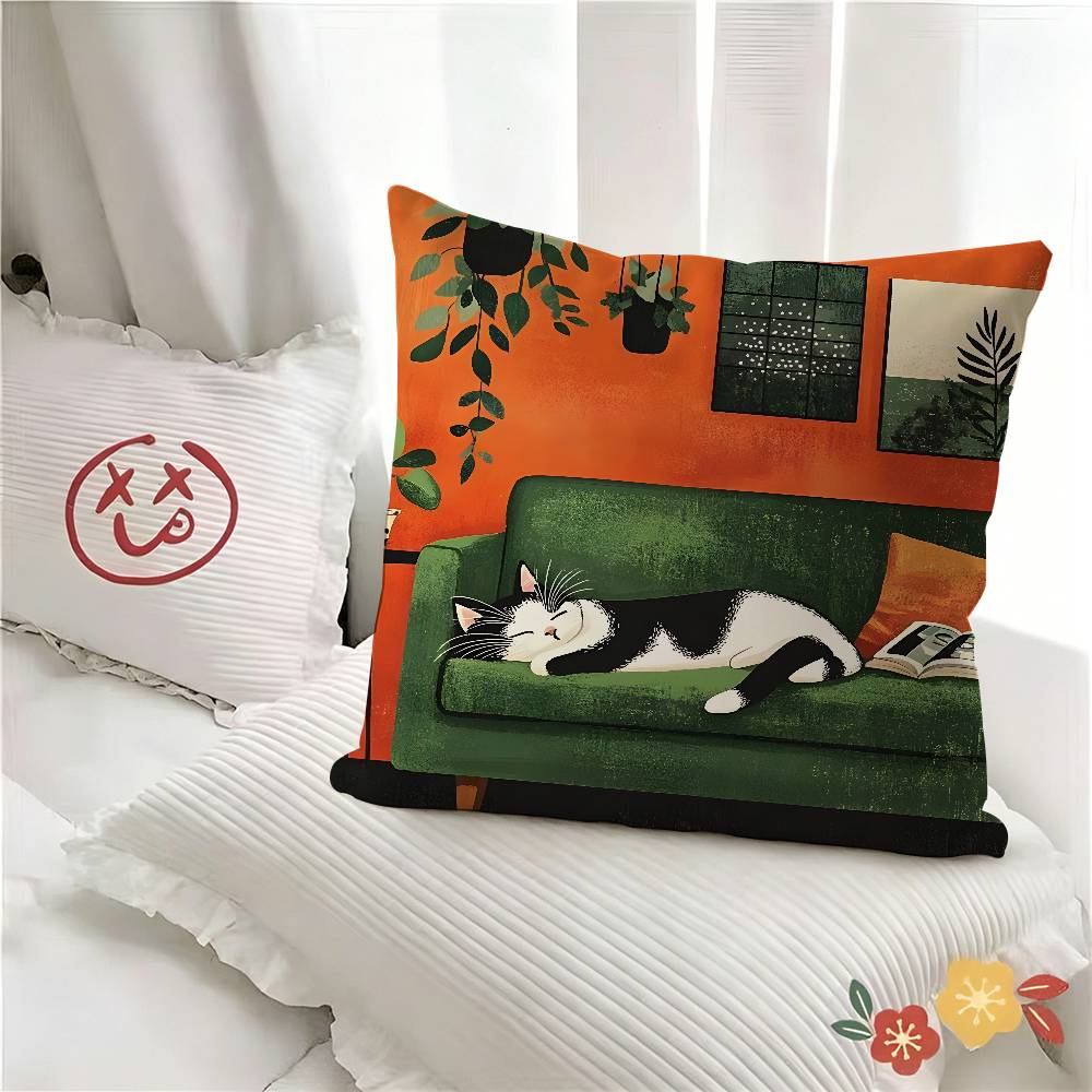 Pc Art Green Bedroom And Cat Pillow Case Fashion Square Pillowcase Bedroom Sofa Room Ins Decoration Leisure